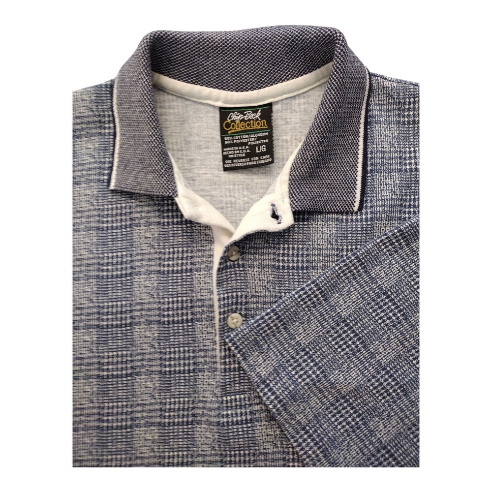 Men's Chip Beck Collection Short Sleeve Polo Shirt Blue White Plaid Size Large